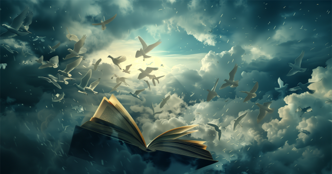 abstract image of translated pages flying like birds