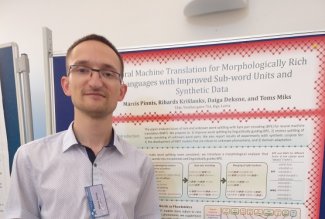 Mārcis Pinnis at TSD 2017 conference presenting paper on neural machine translation
